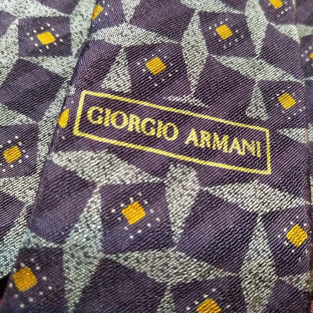 Giorgio Armani Tie; Purple, Blue, Gold Diamond Pattern; 100% Silk, Made … - Picture 8 of 9
